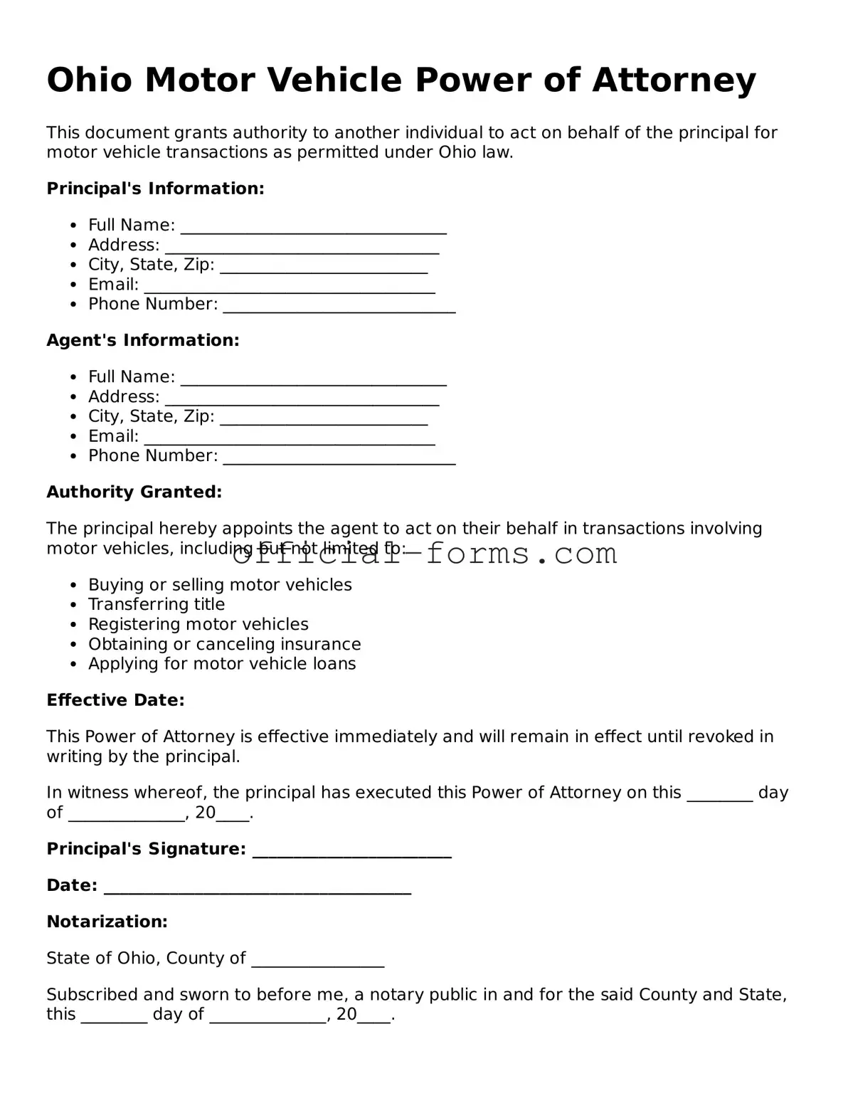 Official Ohio Motor Vehicle Power of Attorney Document