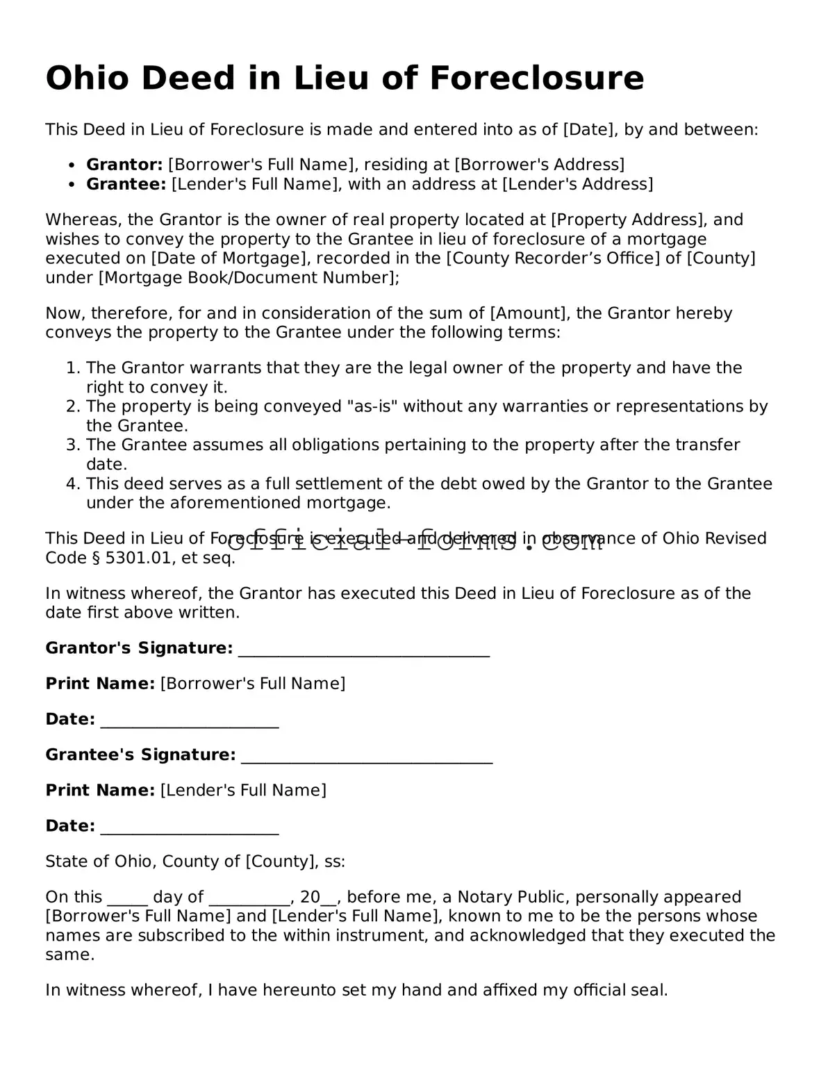 Official Ohio Deed in Lieu of Foreclosure Document