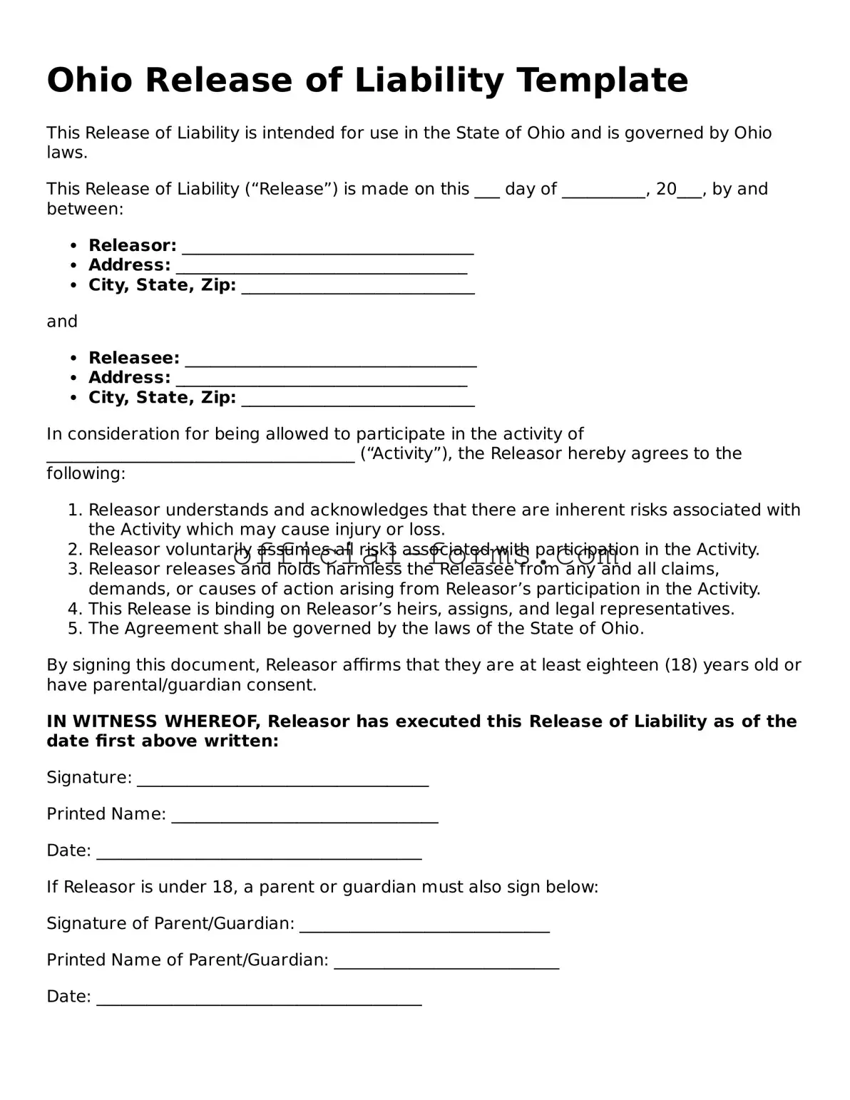 Official Ohio Release of Liability Document