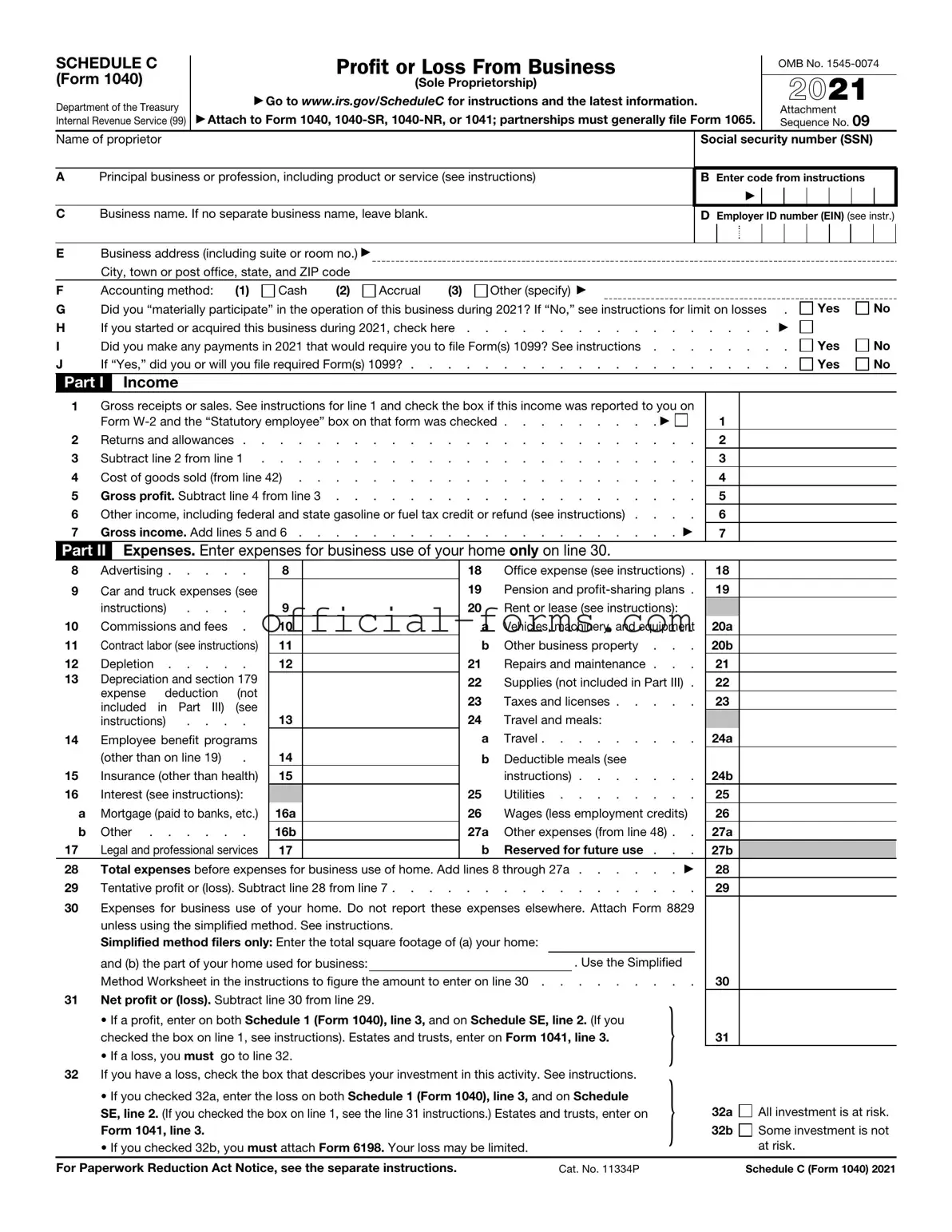 Blank IRS Schedule C 1040 Form