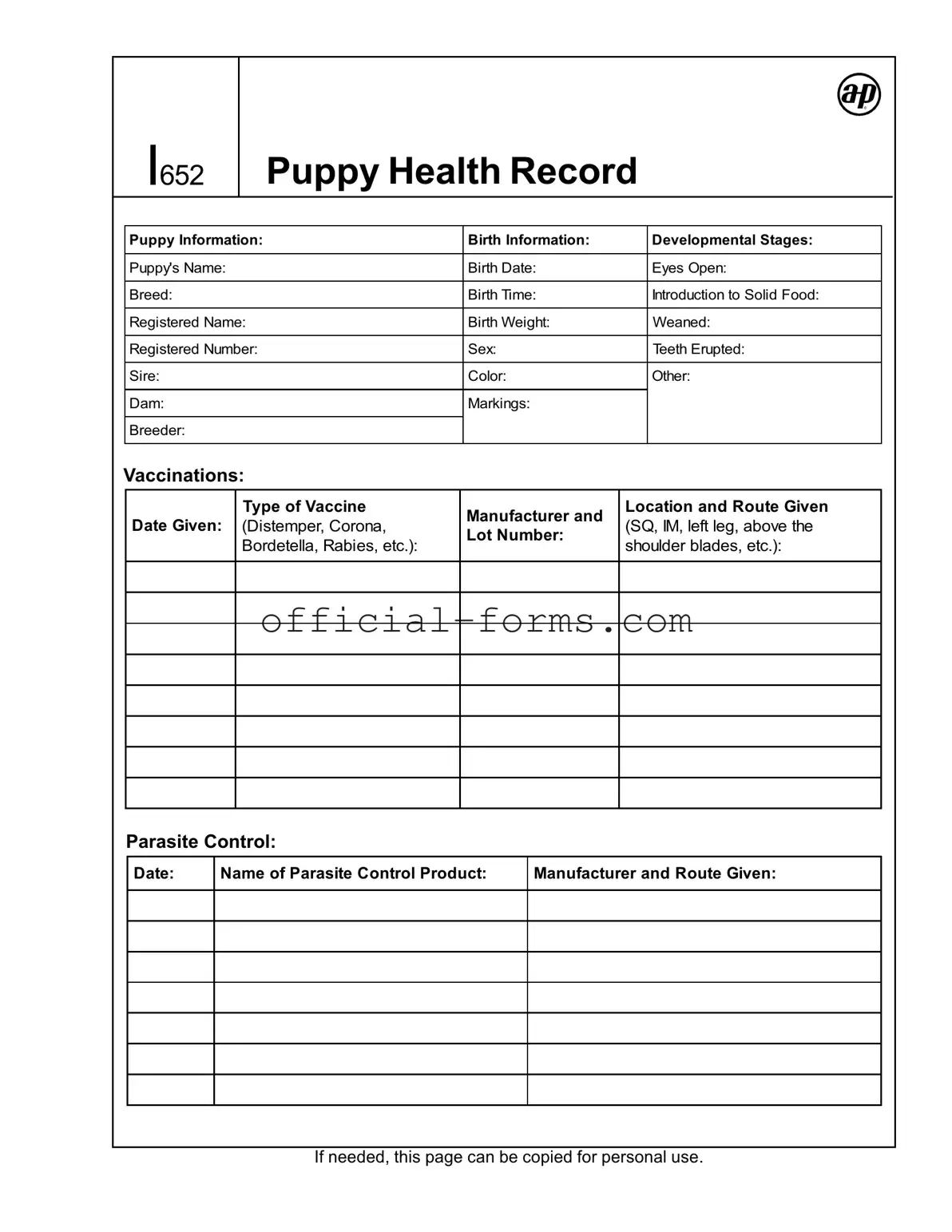 Blank Puppy Health Record Form