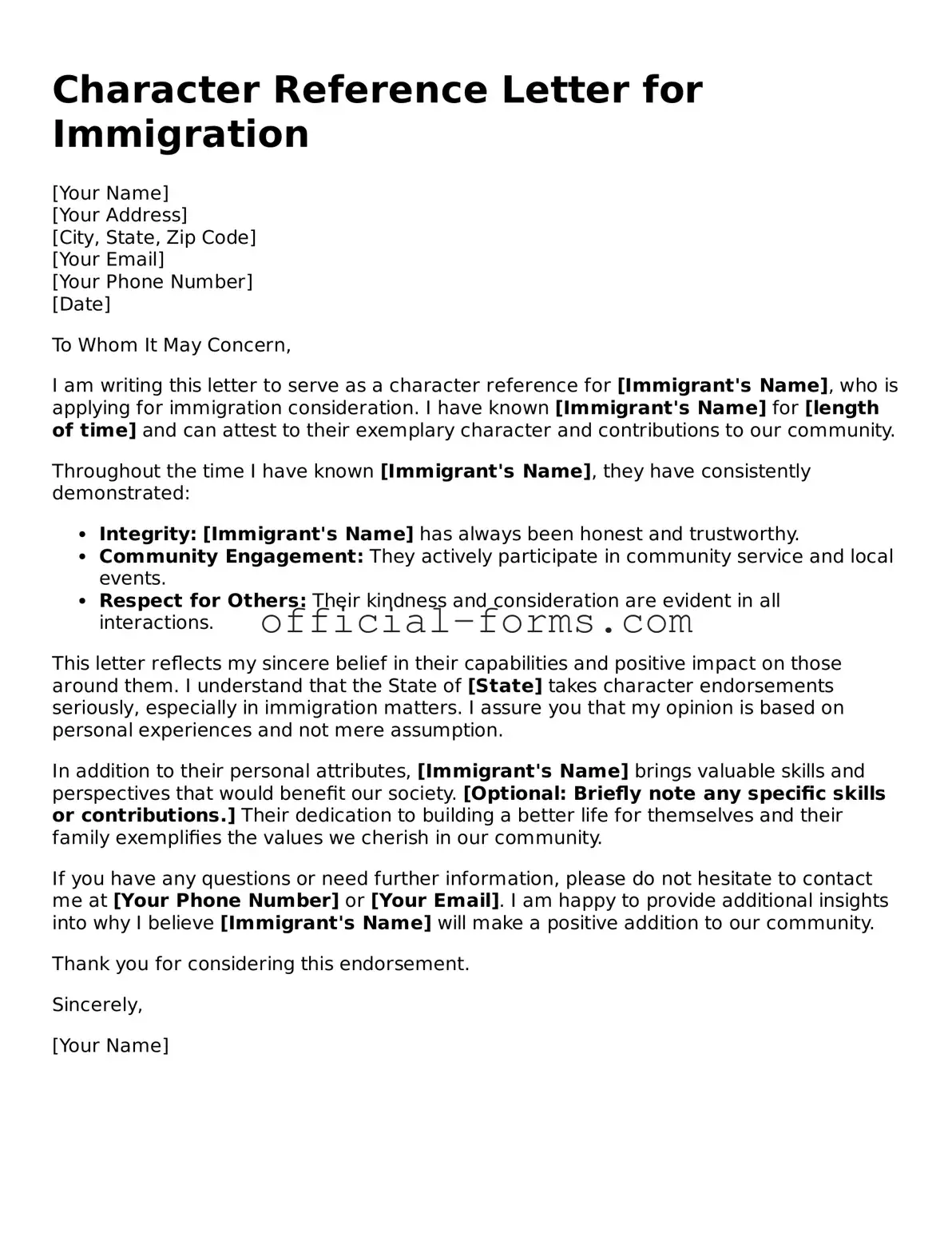 Attorney-Verified Character Reference Letter for Immigration Template