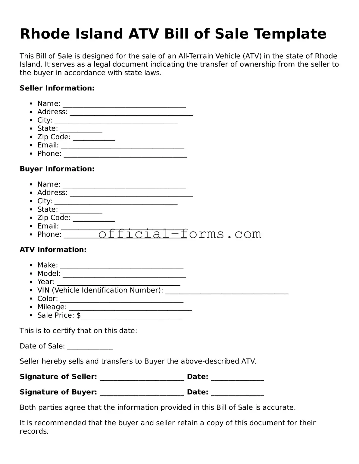 Official Rhode Island ATV Bill of Sale Document