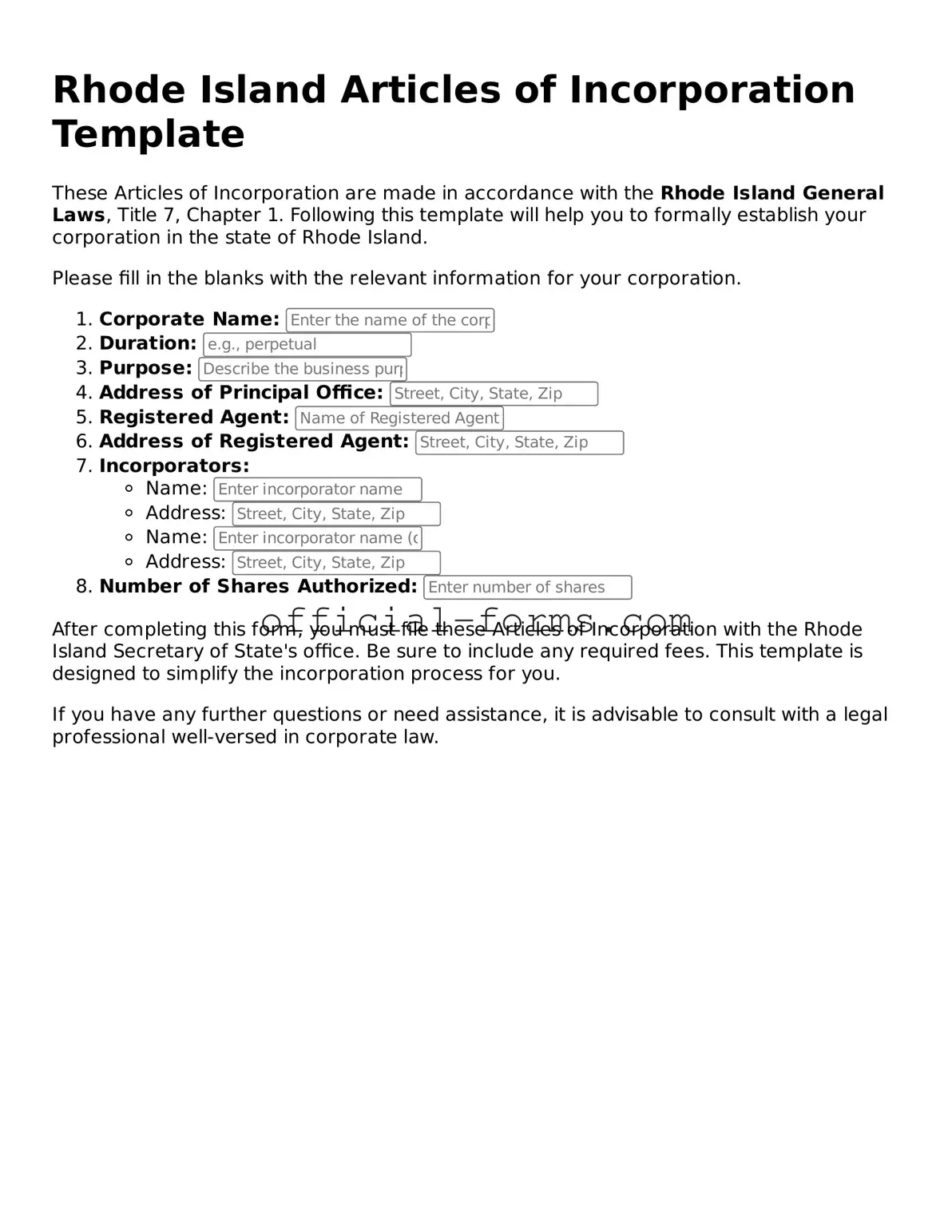 Official Rhode Island Articles of Incorporation Document
