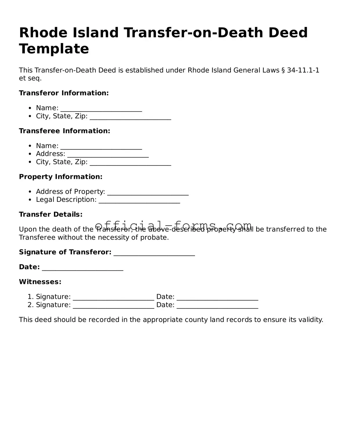 Official Rhode Island Transfer-on-Death Deed Document