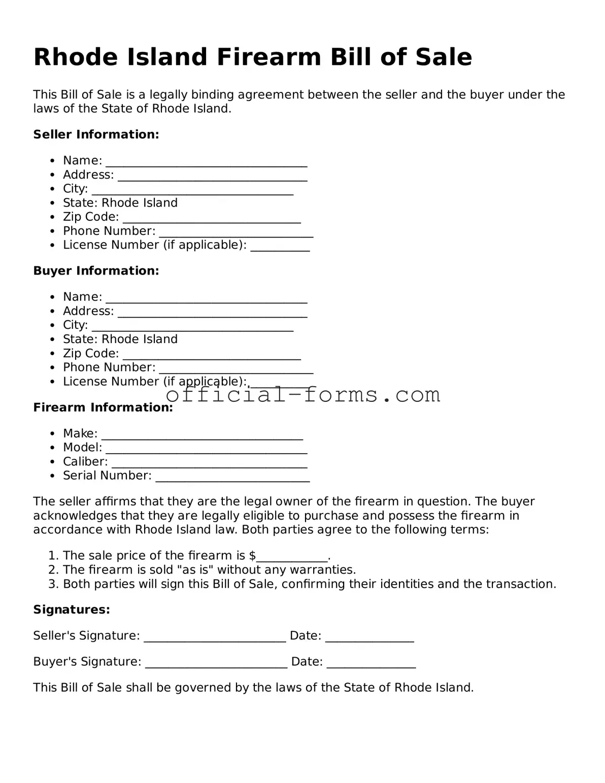 Official Rhode Island Firearm Bill of Sale Document