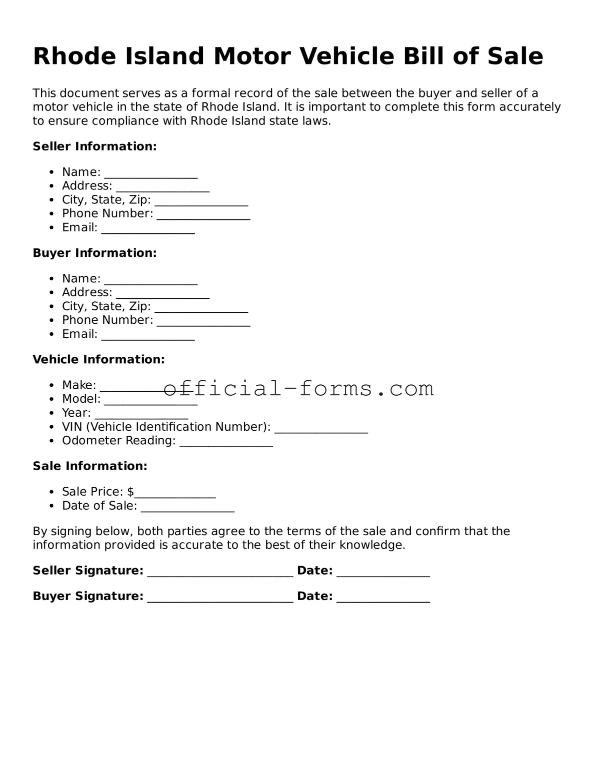 Official Rhode Island Motor Vehicle Bill of Sale Document