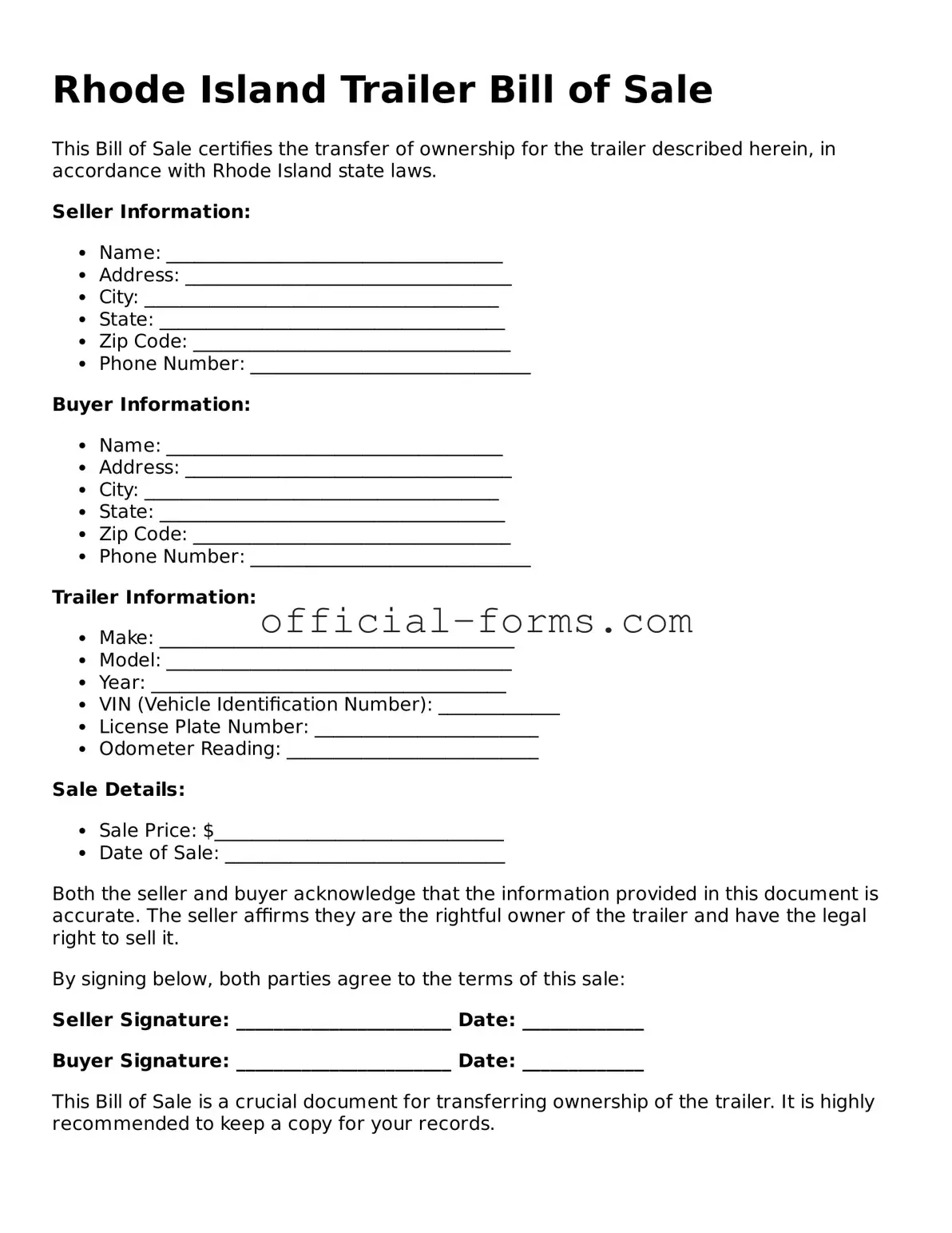 Official Rhode Island Trailer Bill of Sale Document