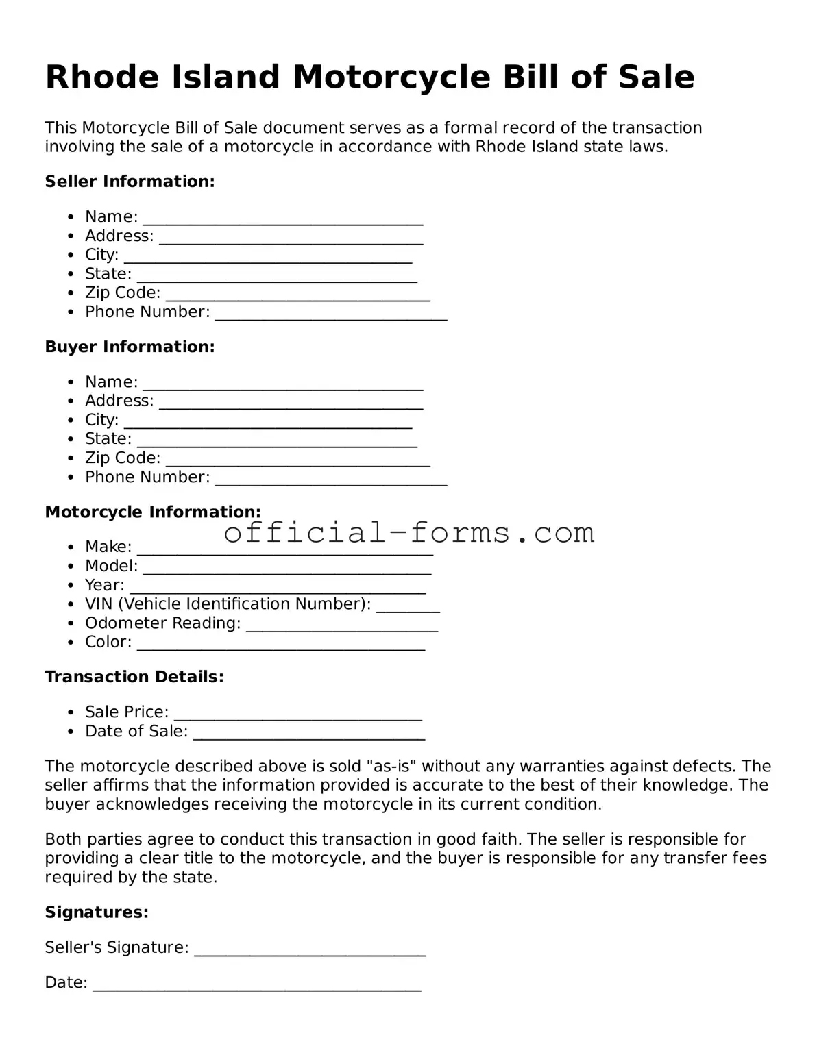 Official Rhode Island Motorcycle Bill of Sale Document
