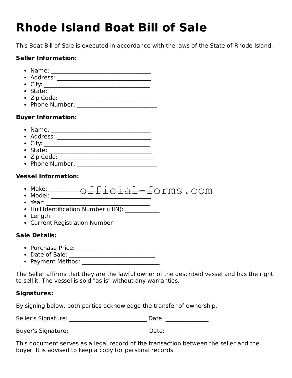 Official Rhode Island Boat Bill of Sale Document