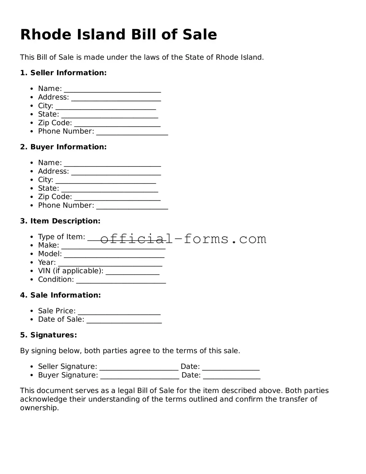 Official Rhode Island Bill of Sale Document