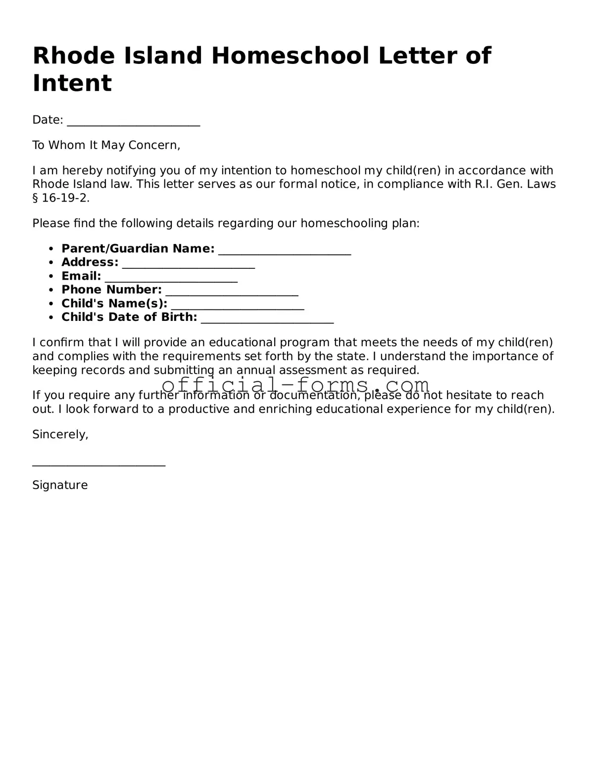 Official Rhode Island Homeschool Letter of Intent Document