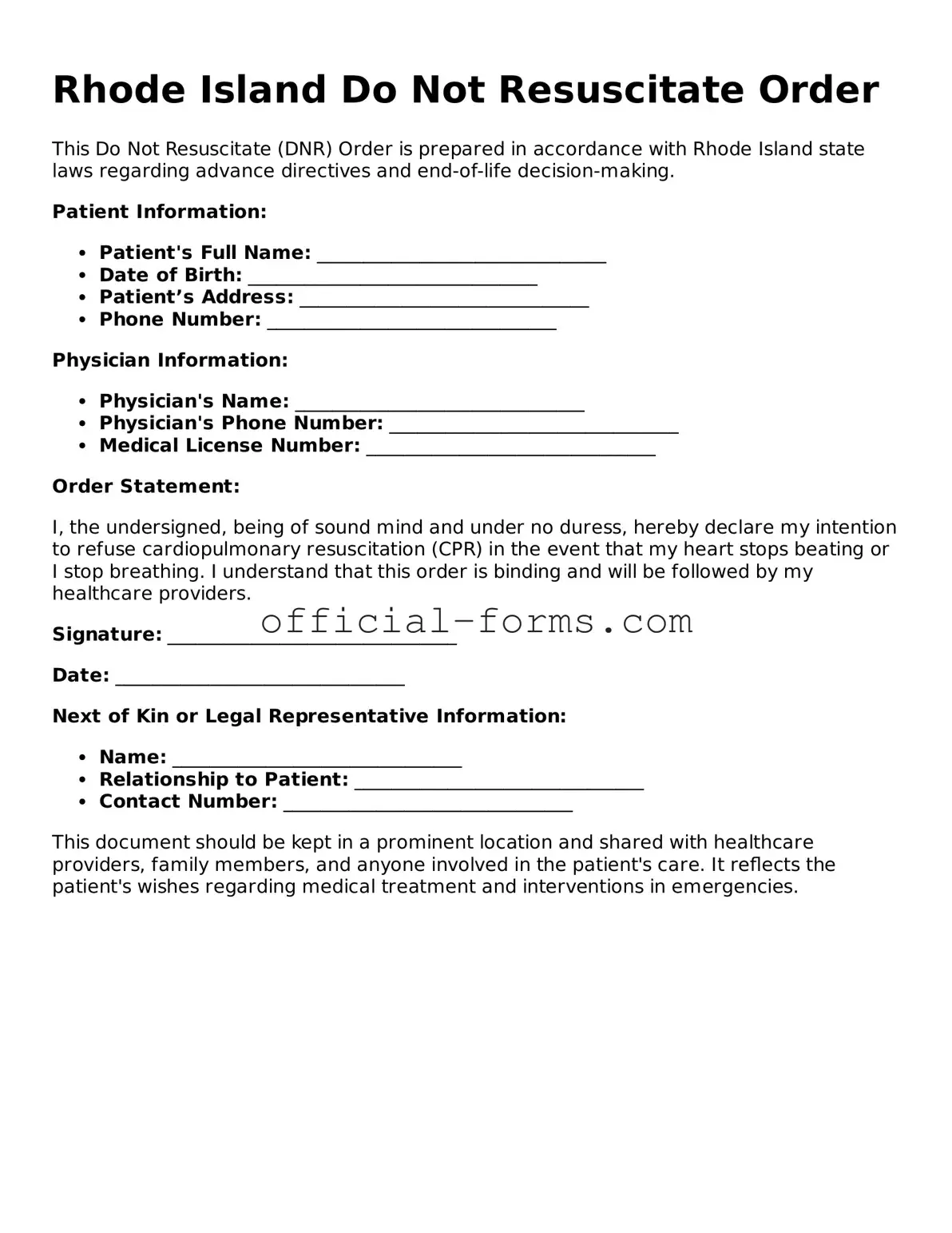 Official Rhode Island Do Not Resuscitate Order Document