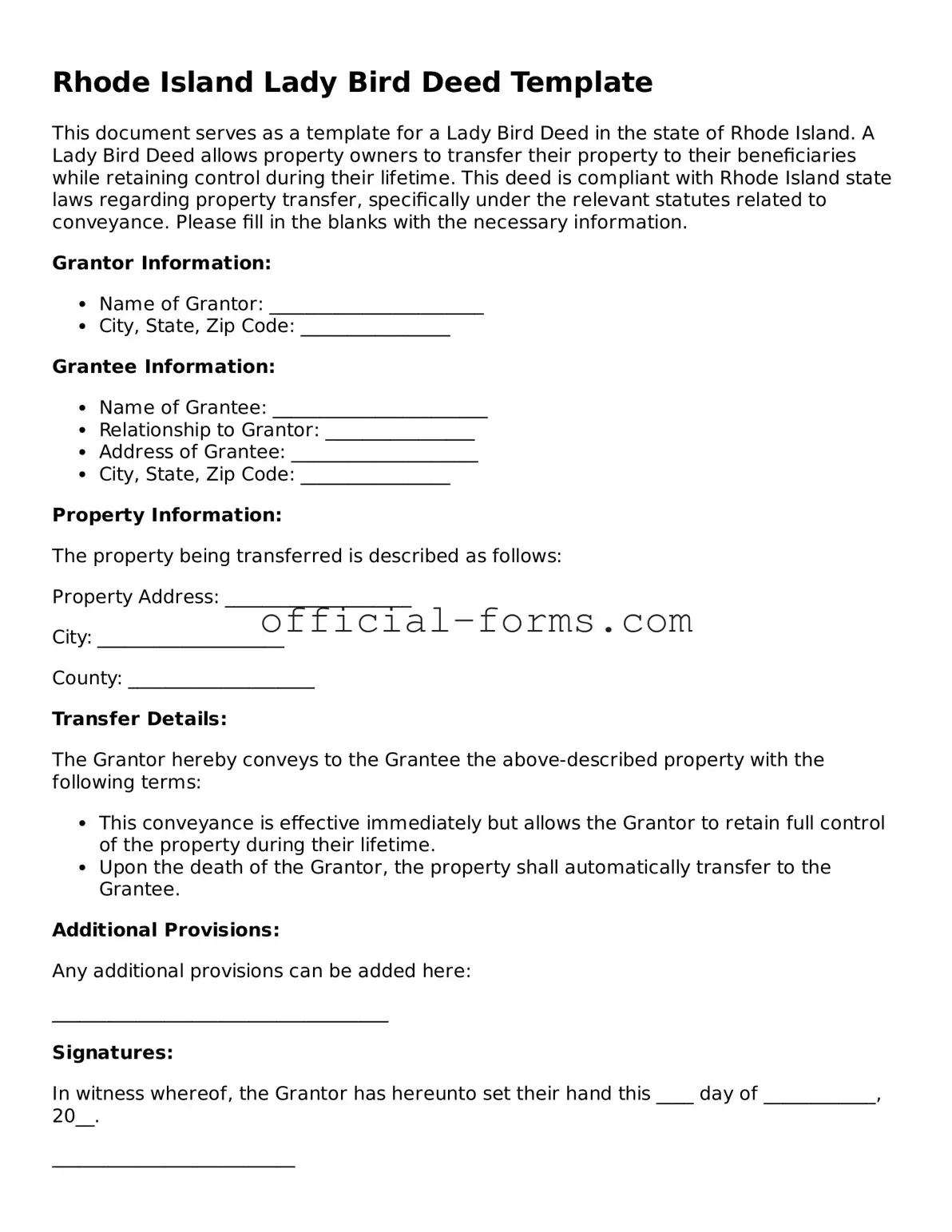 Official Rhode Island Lady Bird Deed Document