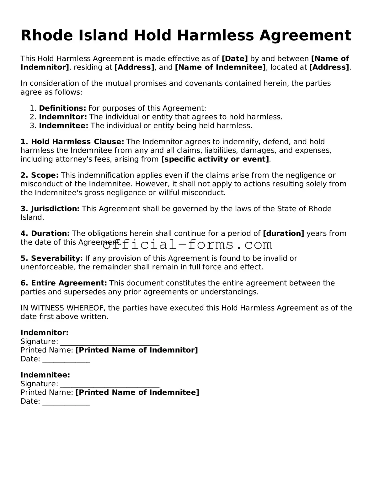Official Rhode Island Hold Harmless Agreement Document