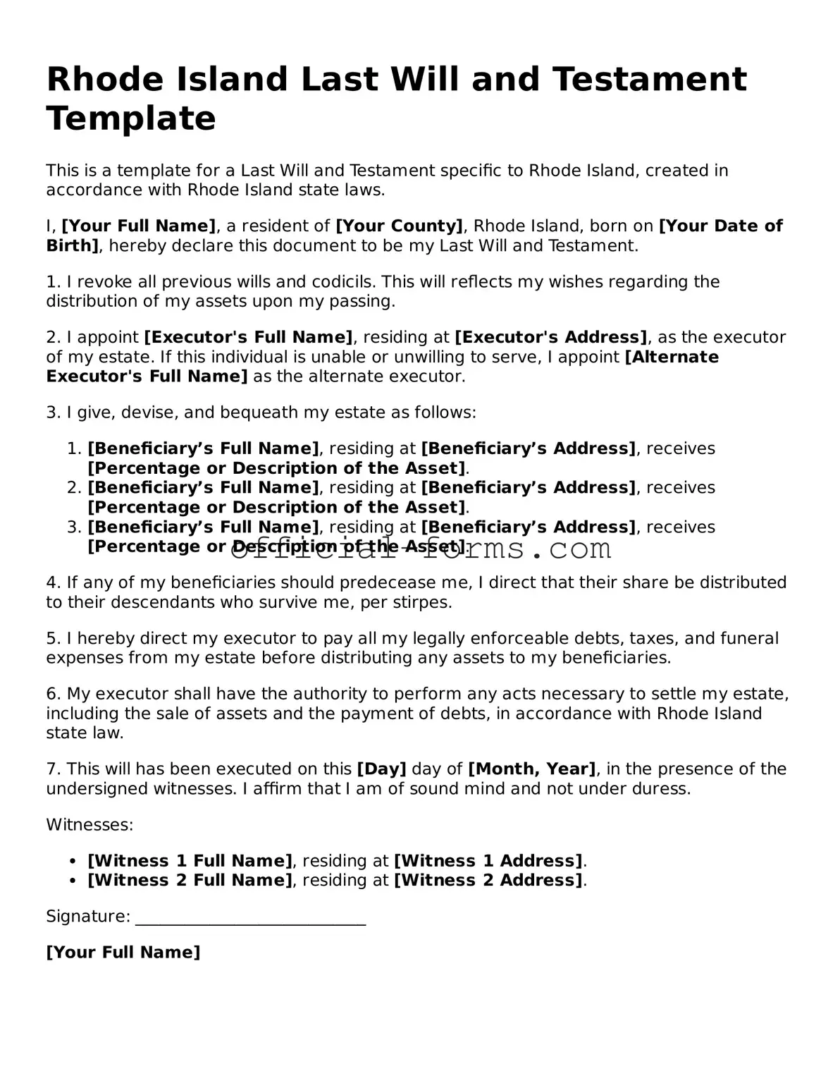 Official Rhode Island Last Will and Testament Document