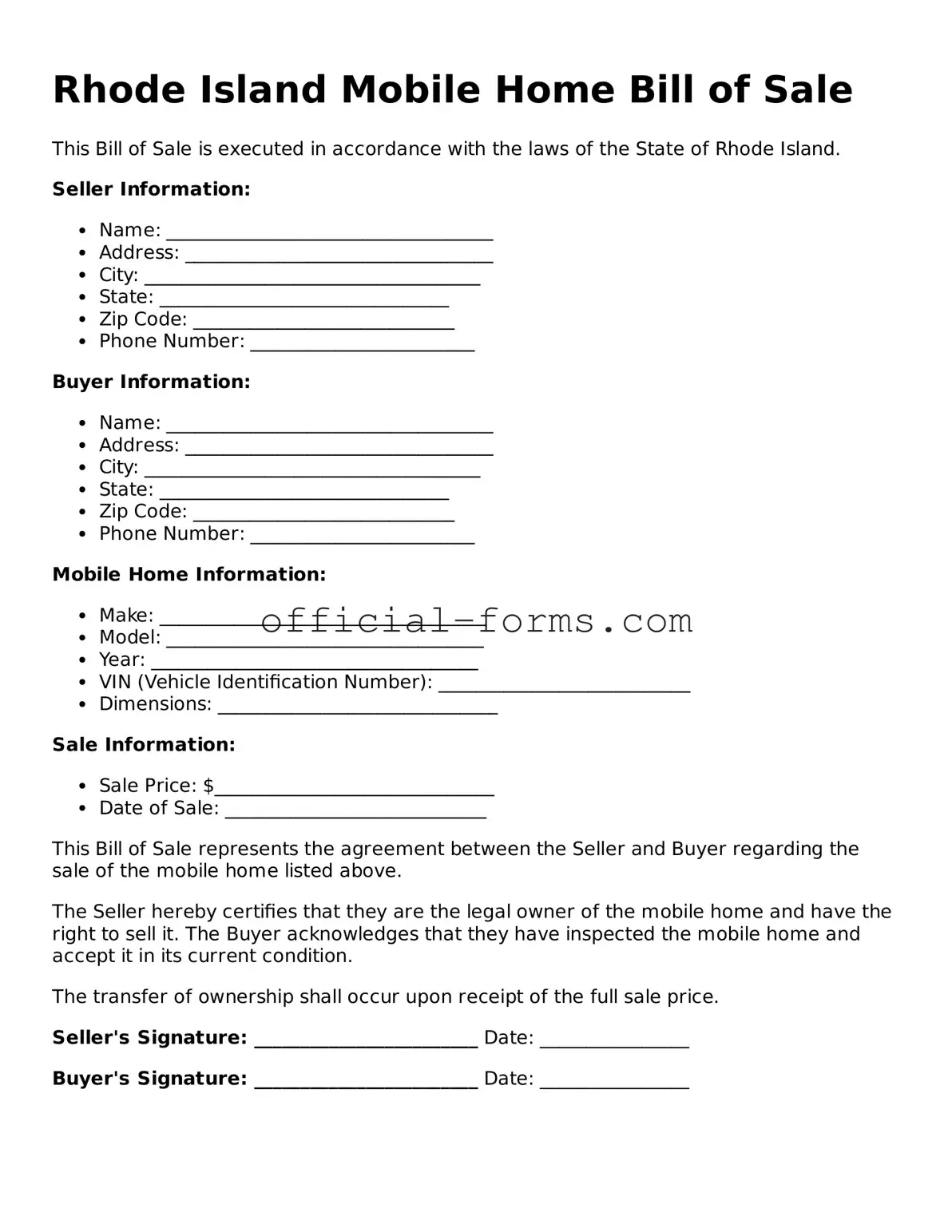 Official Rhode Island Mobile Home Bill of Sale Document