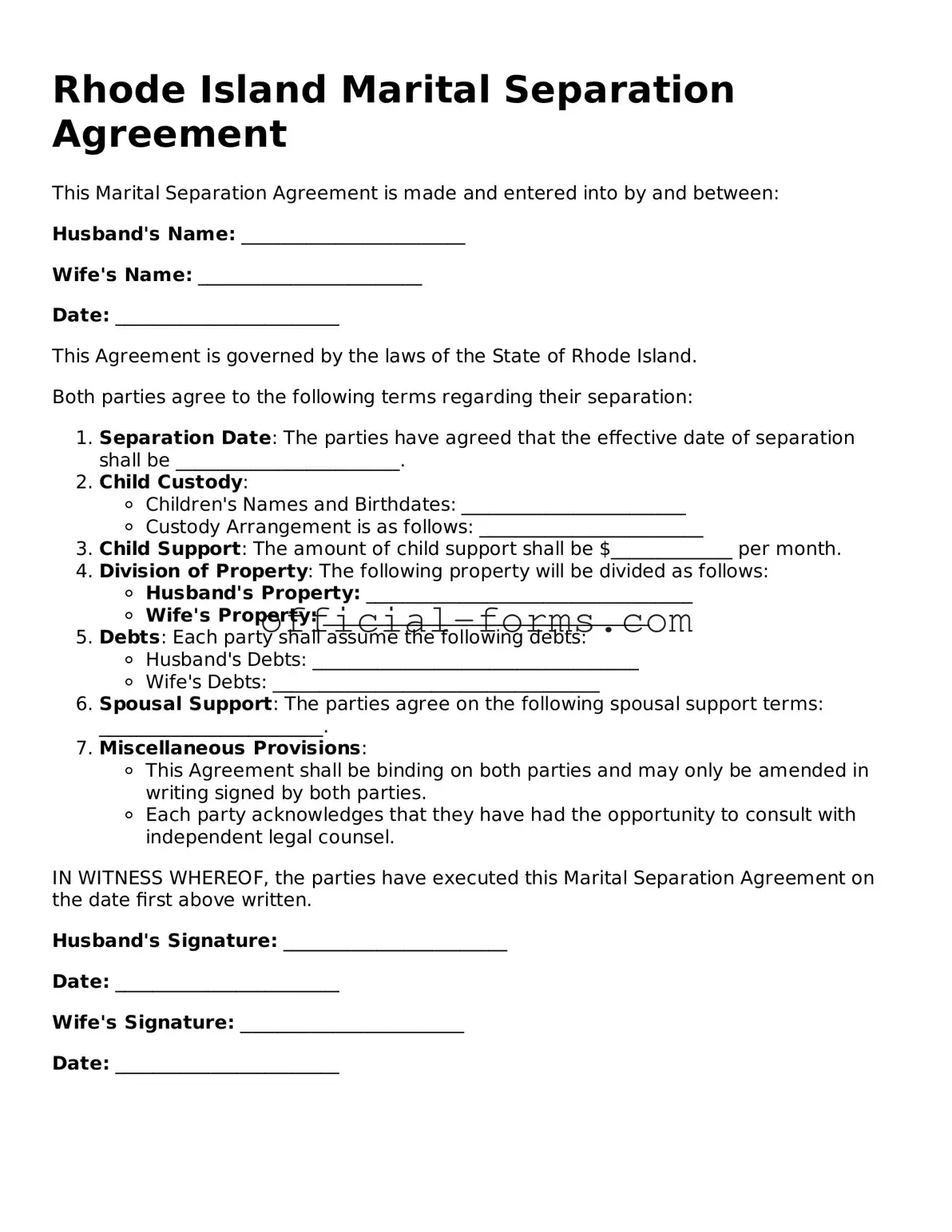 Official Rhode Island Marital Separation Agreement Document