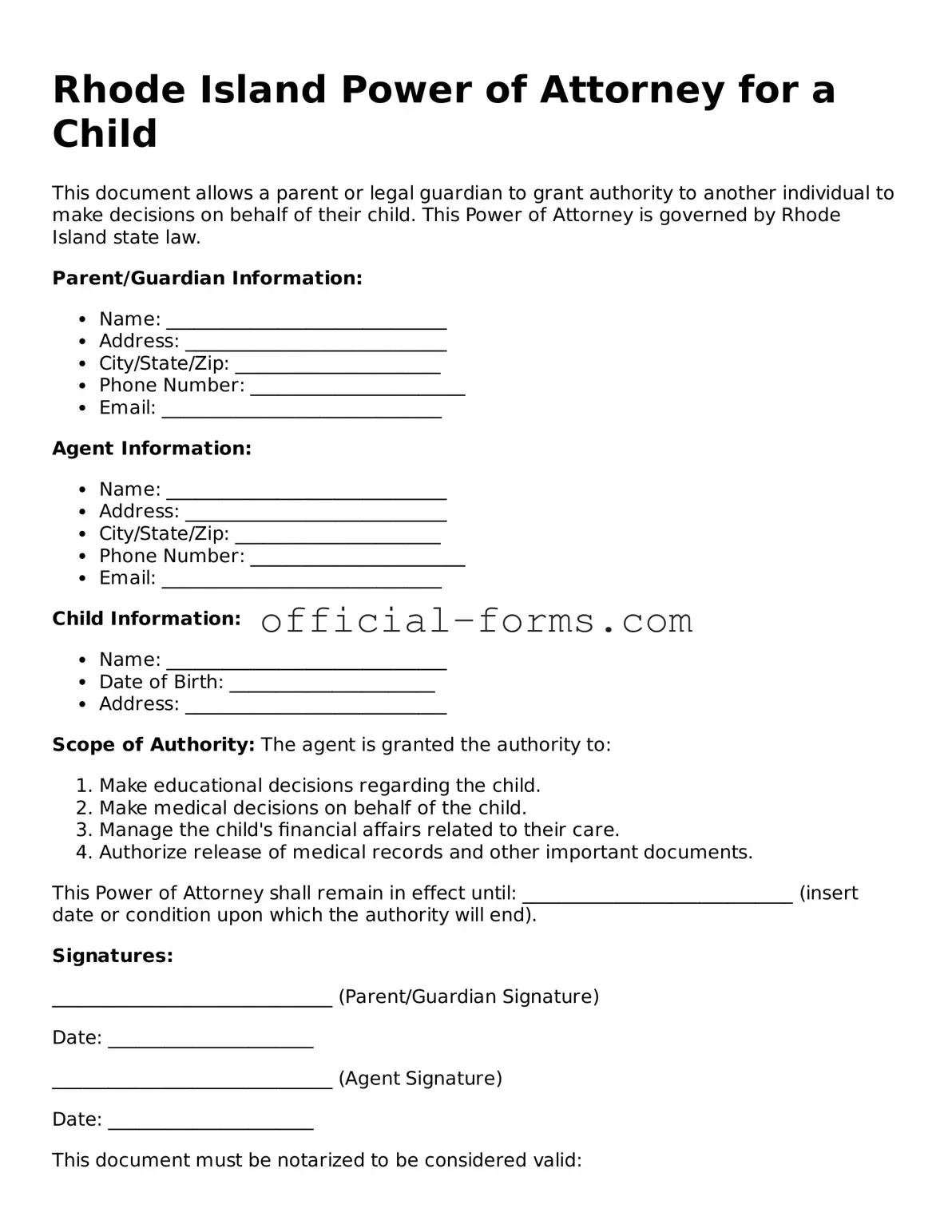 Official Rhode Island Power of Attorney for a Child Document