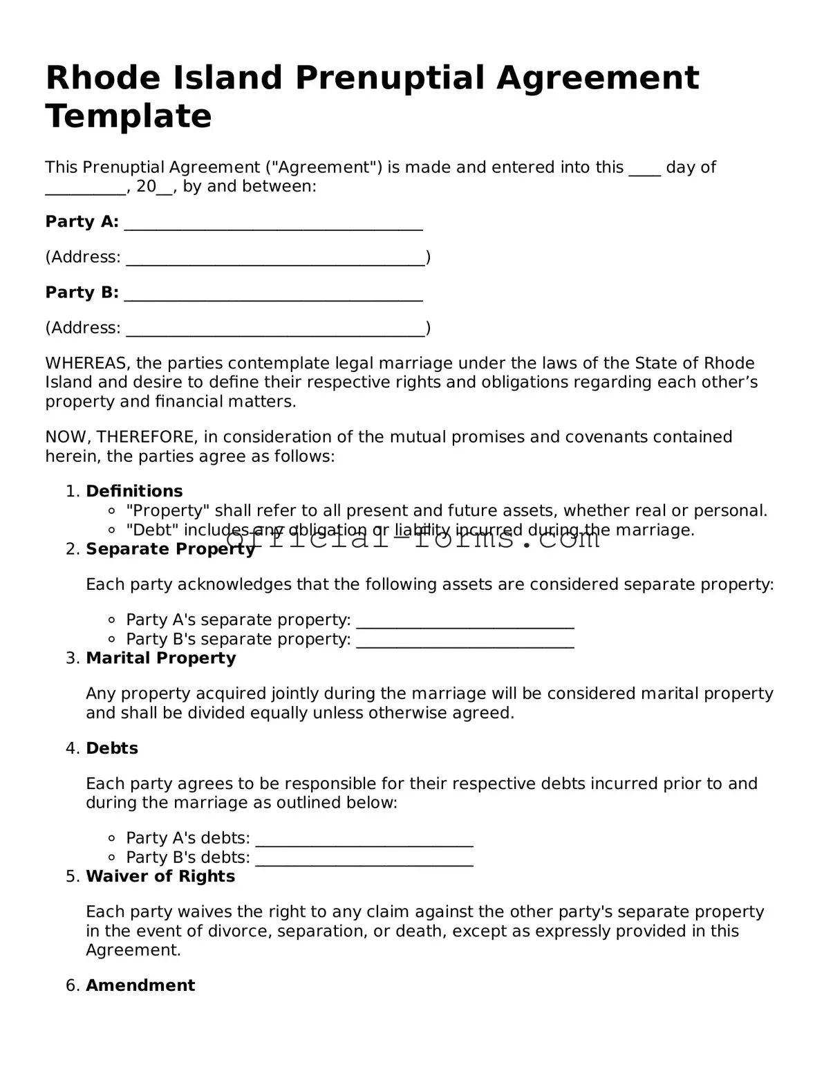 Official Rhode Island Prenuptial Agreement Document