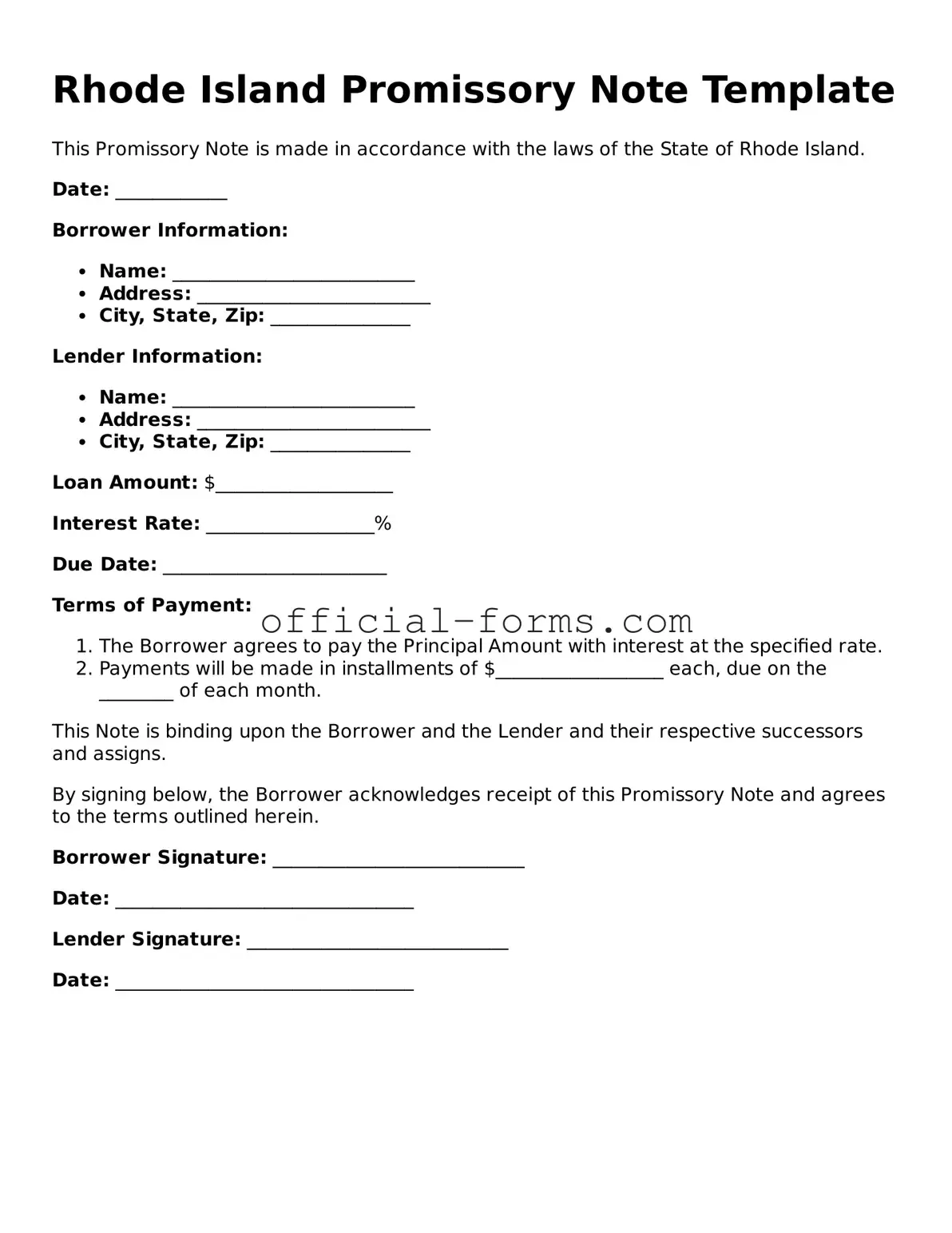 Official Rhode Island Promissory Note Document