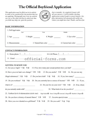 Blank Boyfriend application form Form