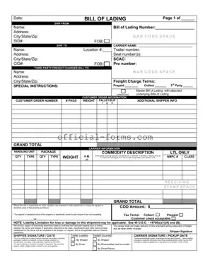Blank Bill of Lading with a Supplement Form