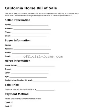 Official California Horse Bill of Sale Document