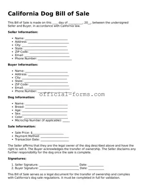 Official California Dog Bill of Sale Document