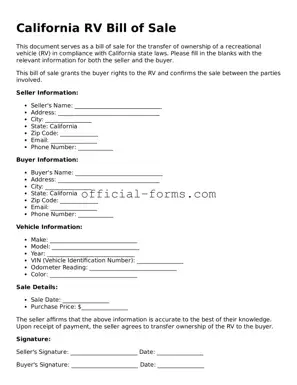 Official California RV Bill of Sale Document