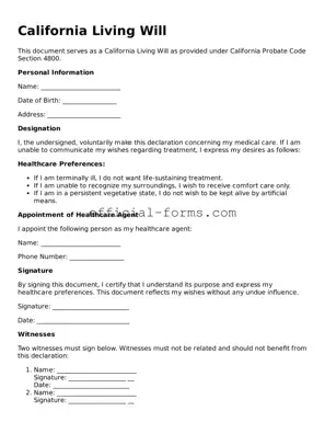 Official California Living Will Document