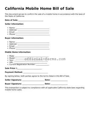 Official California Mobile Home Bill of Sale Document