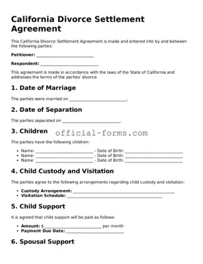 Official California Divorce Settlement Agreement Document
