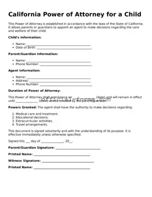 Official California Power of Attorney for a Child Document