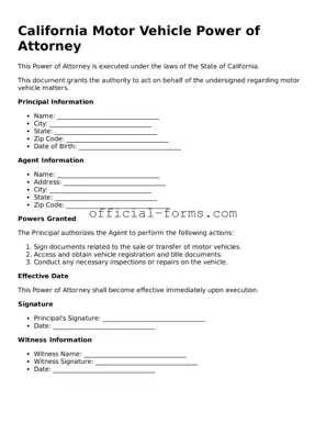 Official California Motor Vehicle Power of Attorney Document
