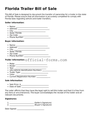 Official Florida Trailer Bill of Sale Document