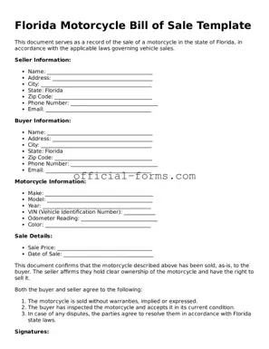 Official Florida Motorcycle Bill of Sale Document