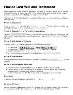 Official Florida Last Will and Testament Document