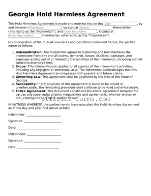 Official Georgia Hold Harmless Agreement Document