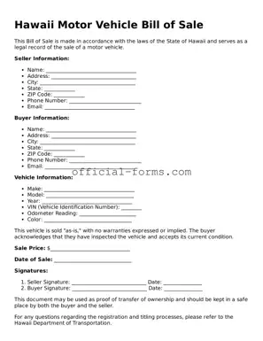 Official Hawaii Motor Vehicle Bill of Sale Document
