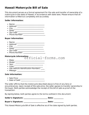Official Hawaii Motorcycle Bill of Sale Document
