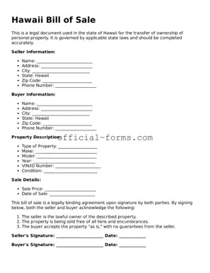 Official Hawaii Bill of Sale Document