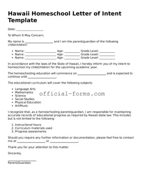 Official Hawaii Homeschool Letter of Intent Document
