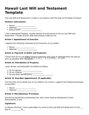 Official Hawaii Last Will and Testament Document