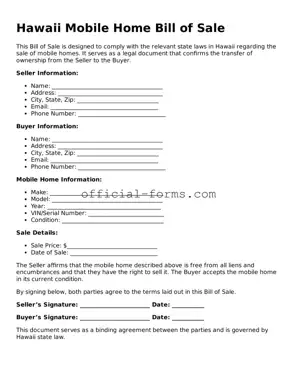 Official Hawaii Mobile Home Bill of Sale Document