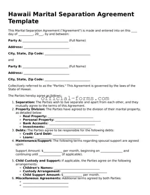 Official Hawaii Marital Separation Agreement Document