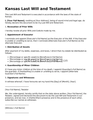 Official Kansas Last Will and Testament Document