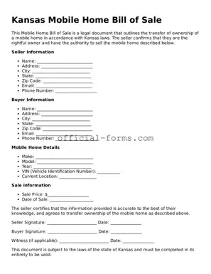 Official Kansas Mobile Home Bill of Sale Document