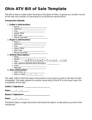 Official Ohio ATV Bill of Sale Document