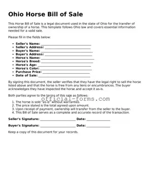 Official Ohio Horse Bill of Sale Document